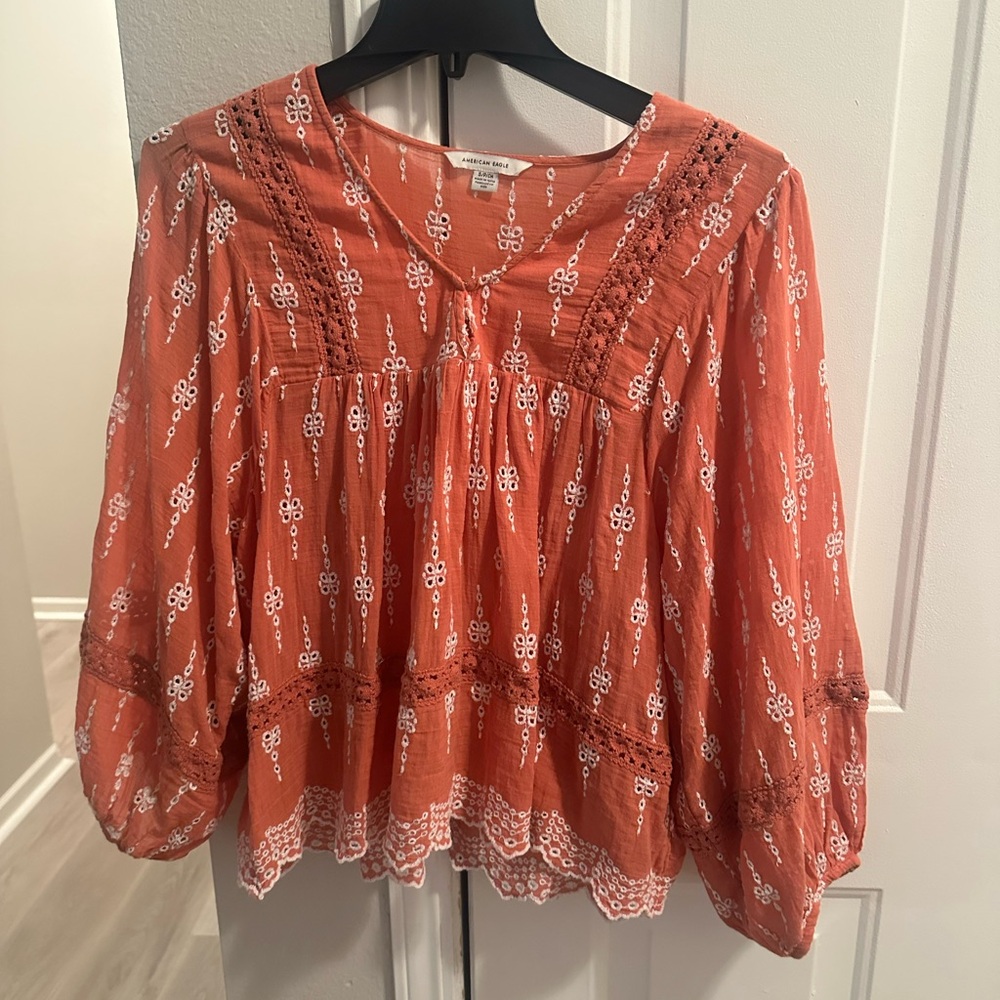 American Eagle Outfitters Terracotta Embroidered Boho Blouse
